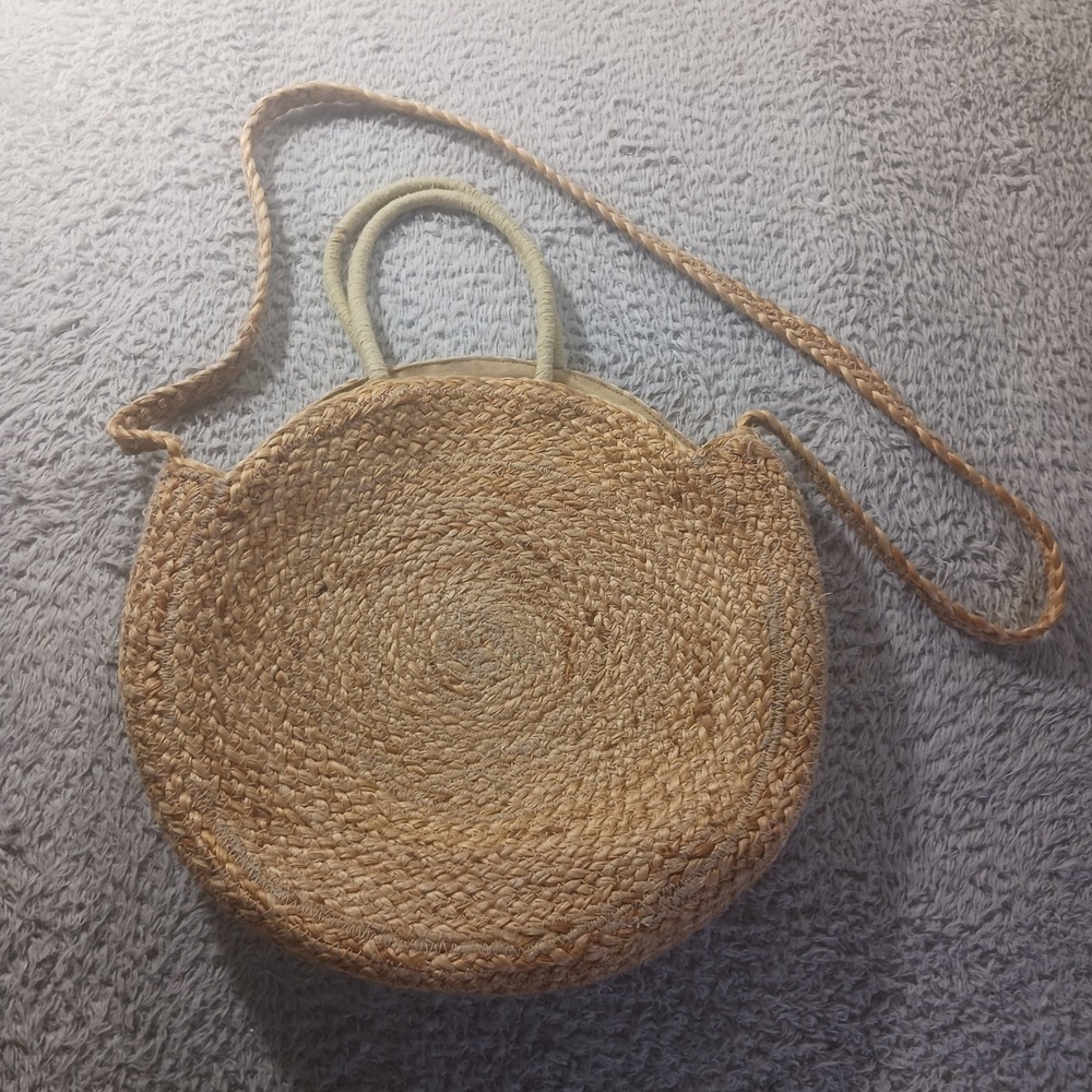 Revue Jute Round Woven Crossbody Bag Natural Straw Circle Purse Boho Beach‎